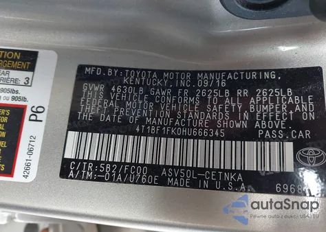 2017 Toyota Camry Le from USA, damaged, VIN 4T1BF1FK0HU666345